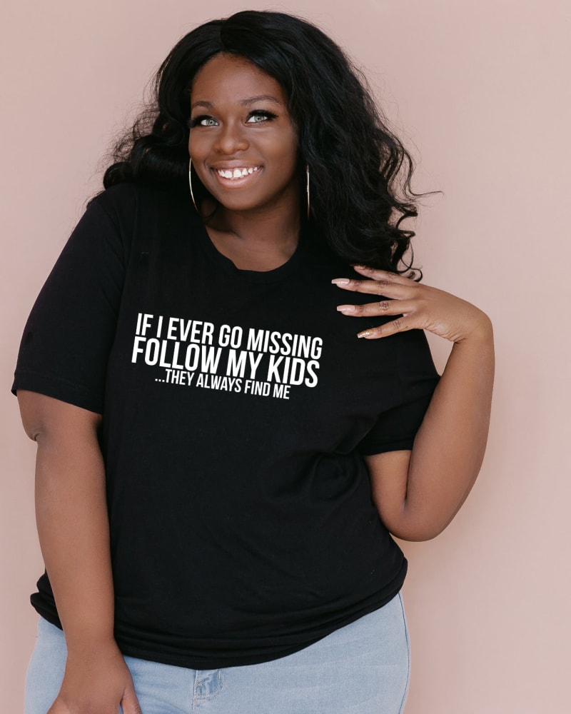 Front of a model wearing a size Large If Missing Follow My Kids in Black by Simply Sage Market. | dia_product_style_image_id:281695